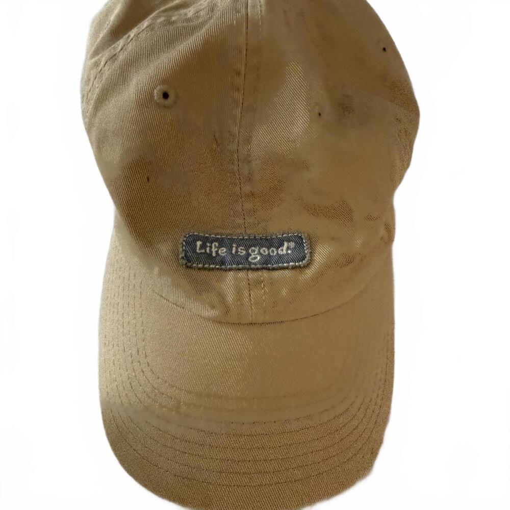 LIFE IS GOOD logo tan baseball hat.  Smile face on back.‎